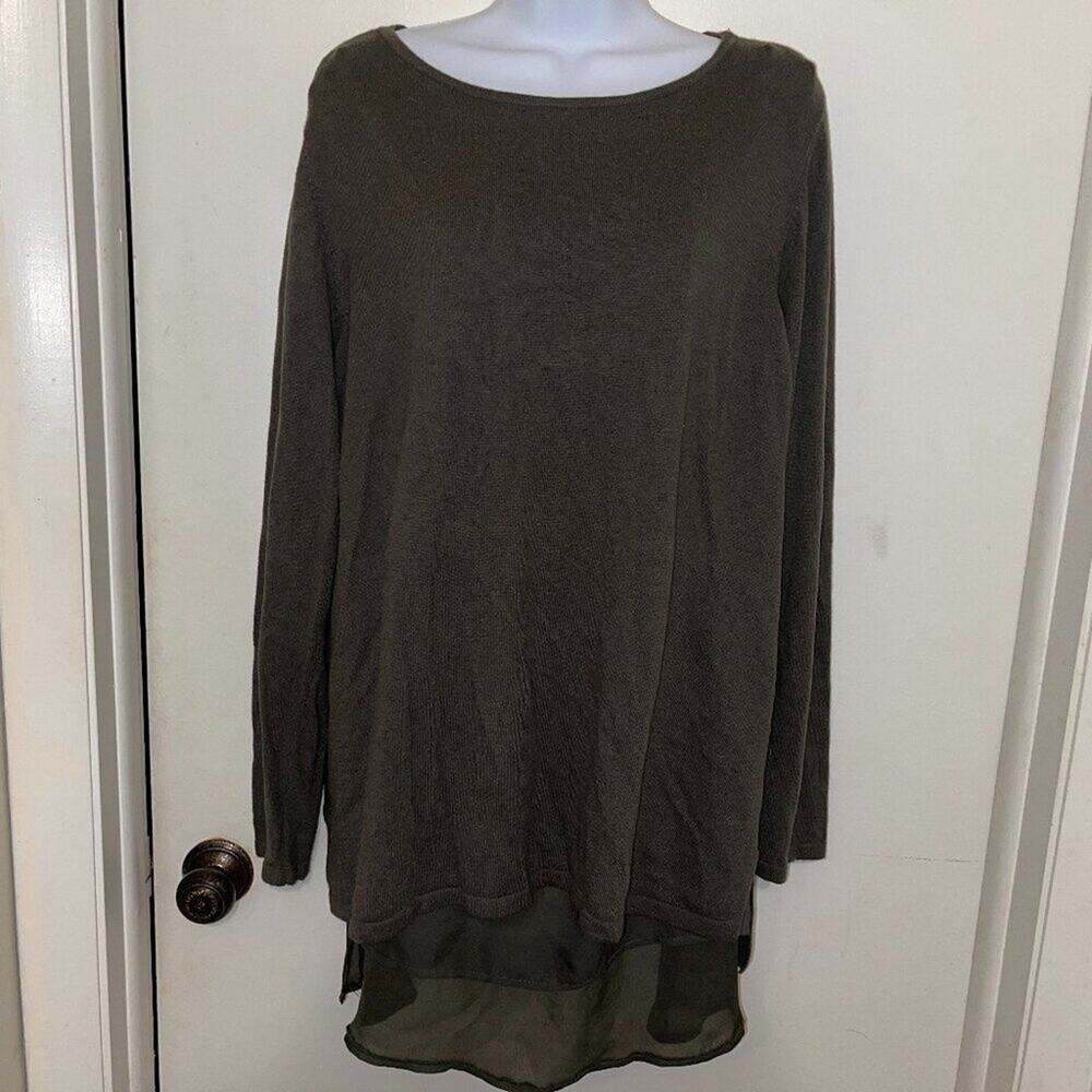 Chico’s Mixed Media Tunic Top Women’s 3 XL Olive Green Layered Long Sleeve